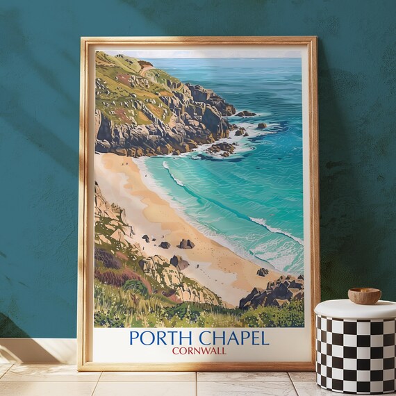 Porth Chapel Cornwall Illustrated Rocky Cove Beach Travel Poster