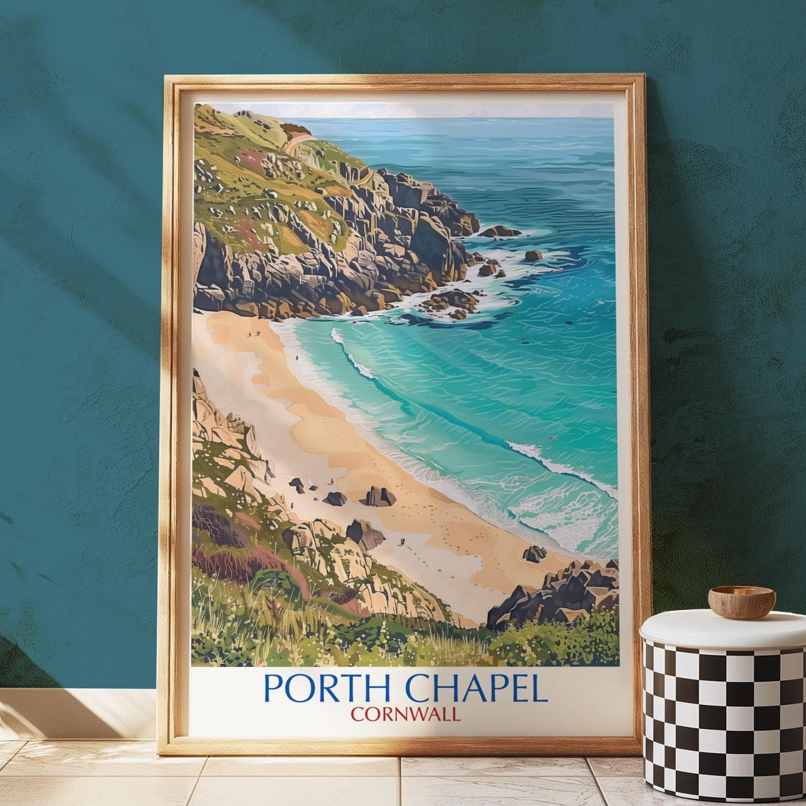 Porth Chapel Cornwall Illustrated Rocky Cove Beach Travel Poster