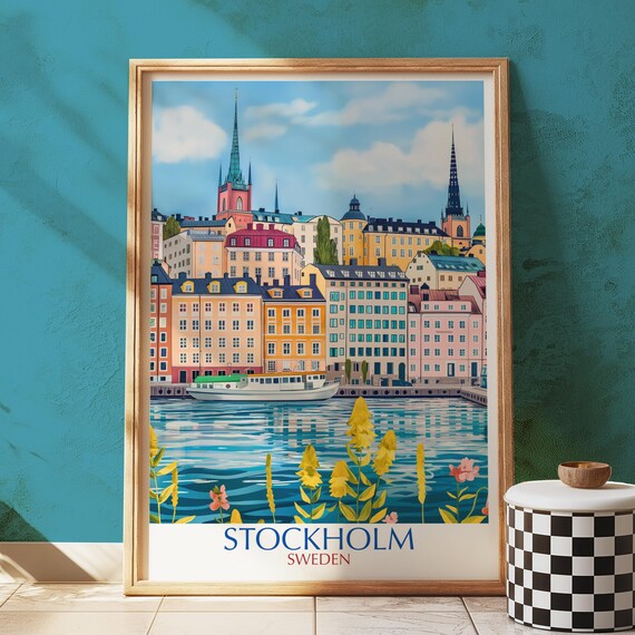 Stockholm Sweden Art Print Illustrated Cityscape Floral Waterfront Decor