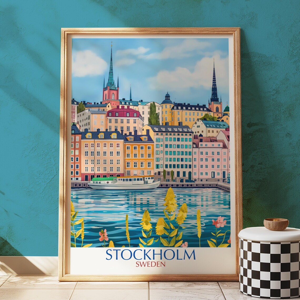 Stockholm Sweden Illustrated Travel Poster Waterfront Churches Colorful Buildings Scene