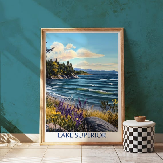 Lake Superior Wall Art Print Vintage Travel Poster Style Great Lakes Landscape Artwork Scenic Nature Illustration Coastal Home Decor