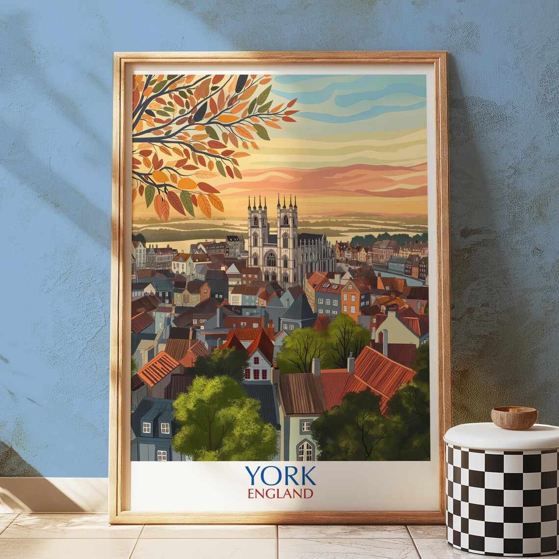 York England Minster Autumn Sunset Cityscape Illustrated Travel Poster