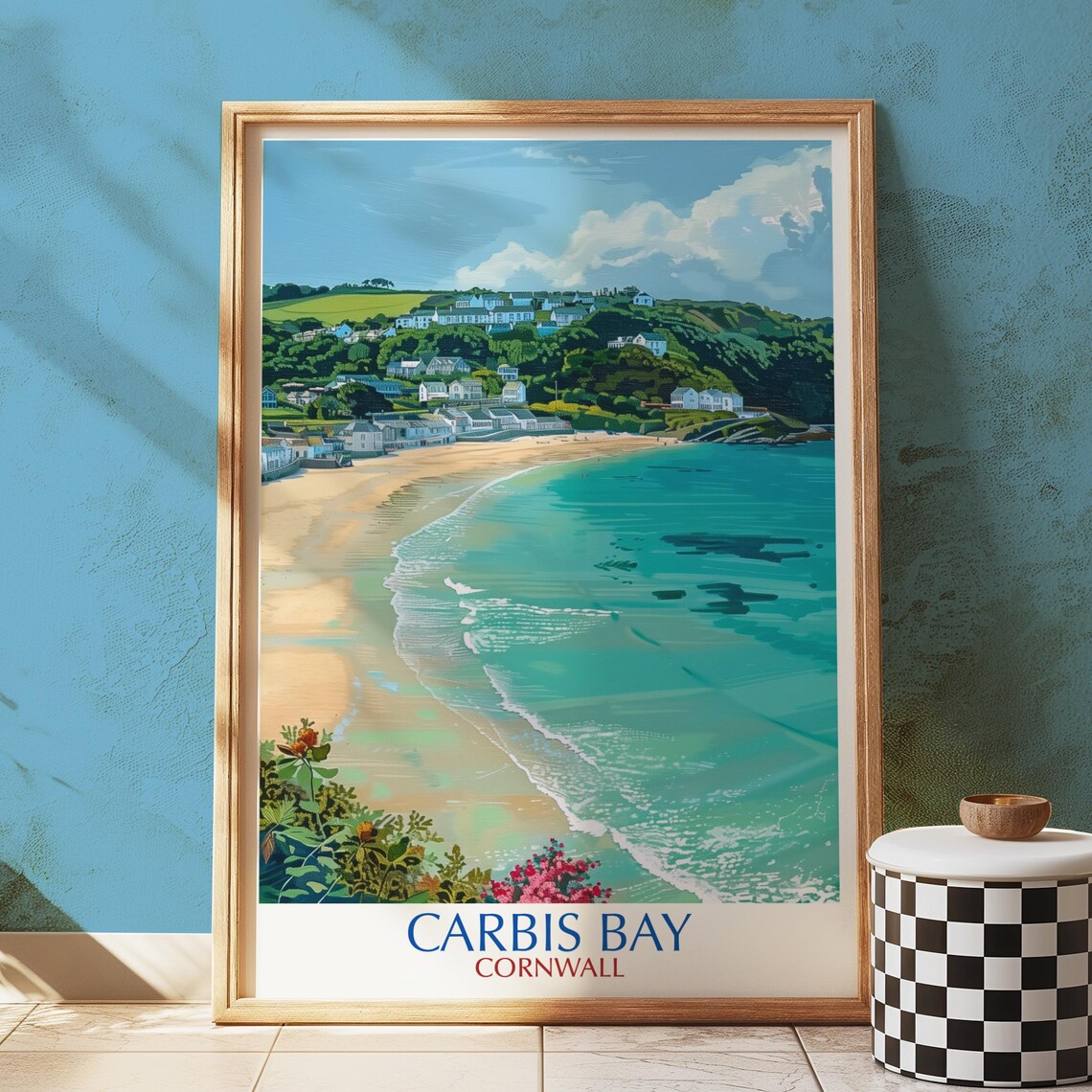 Carbis Bay Cornwall Turquoise Sea Beach Town Illustrated Travel Poster