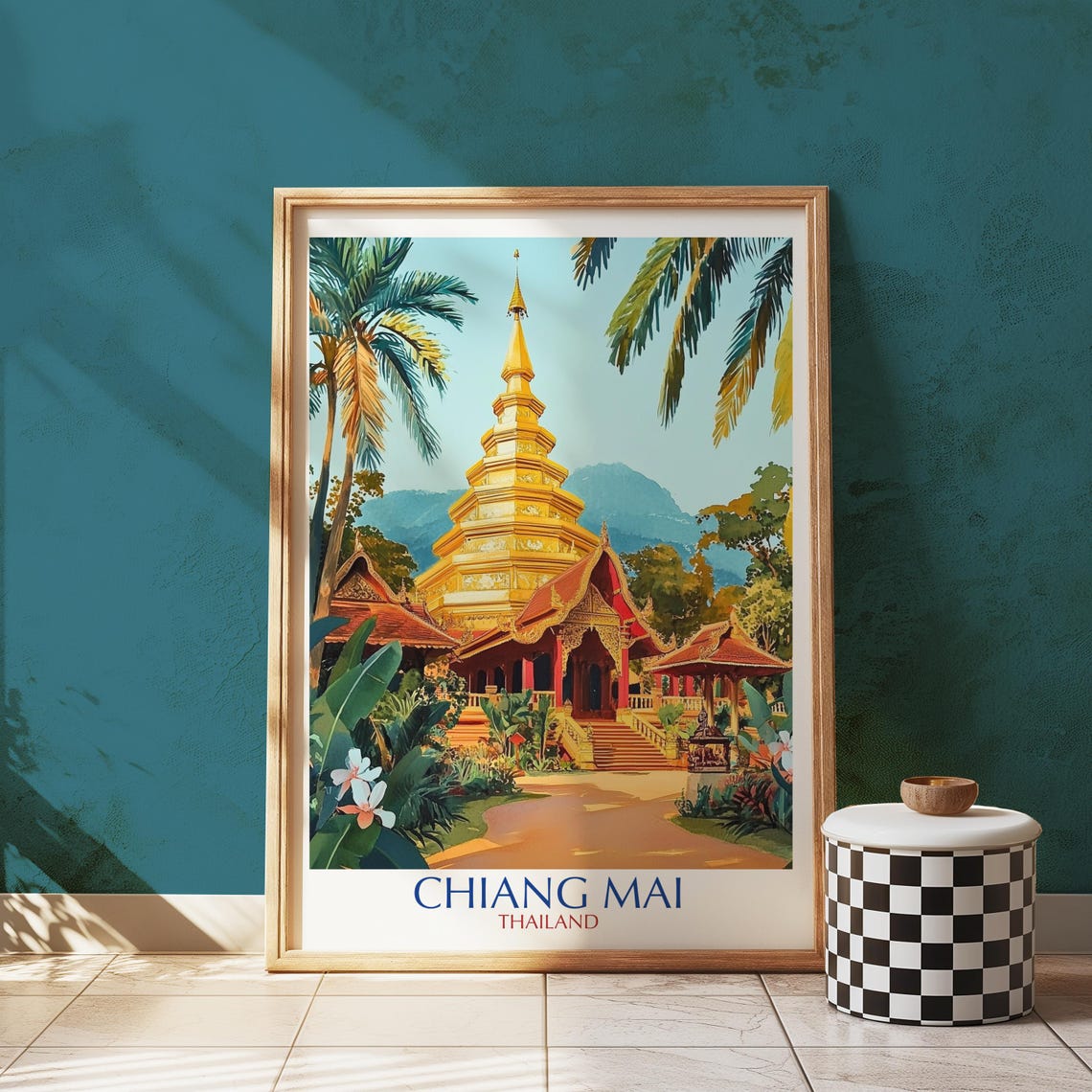 Chiang Mai Thailand Vintage Travel Style Golden Temple Poster