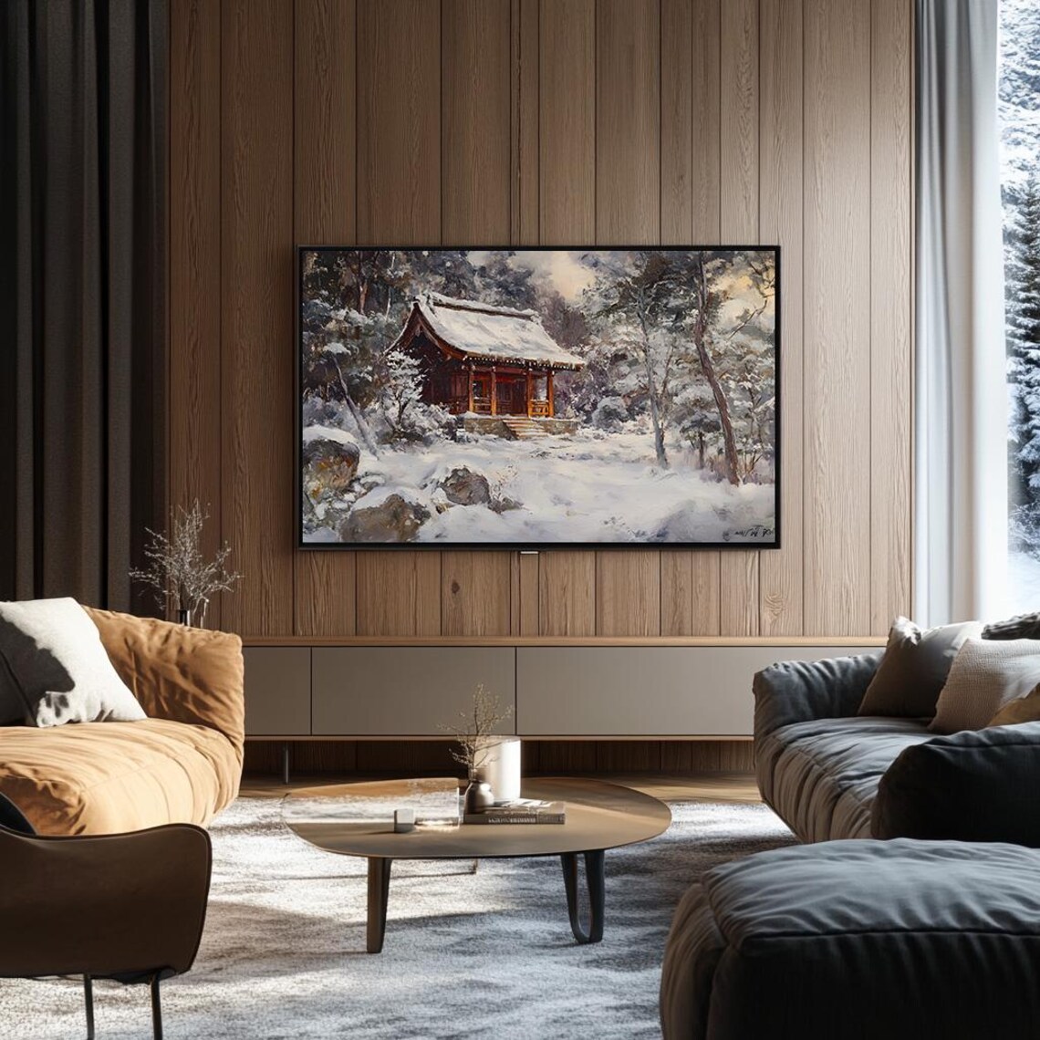 Snow Covered Shrine in a Winter Forest Japanese Oil Painting Poster - Image 3