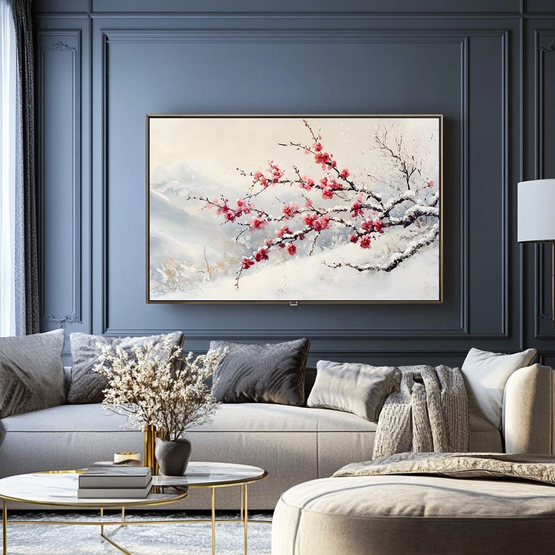 Red Cherry Blossom Branch Blooming in Fresh Snow Winter Poster - Image 2