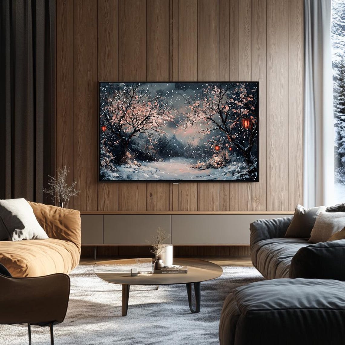 Snowy Cherry Blossom Path at Night with Lanterns Japanese Poster - Image 3