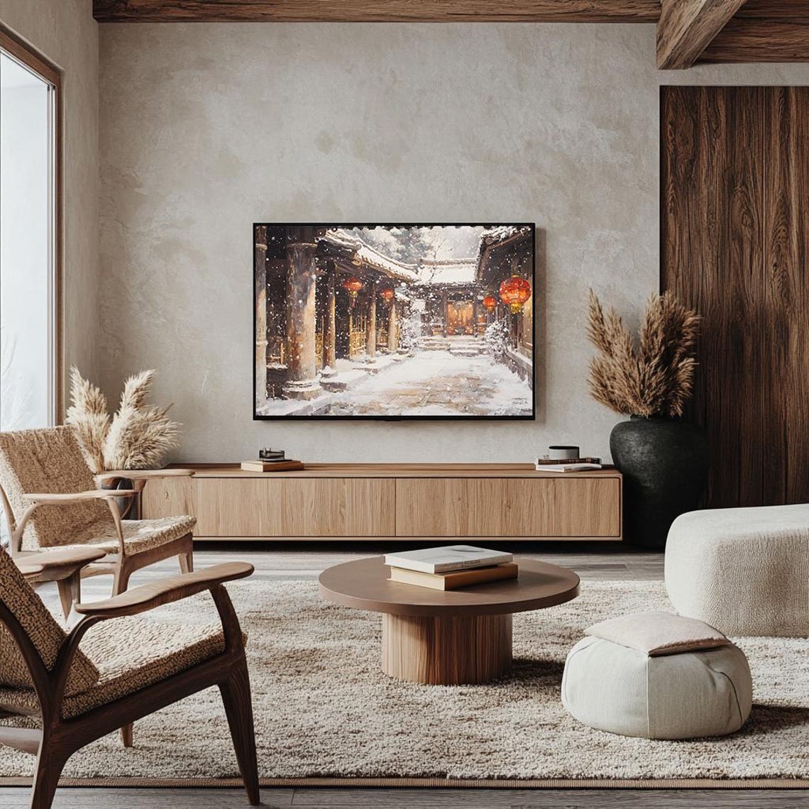 Snowy Temple Corridor with Red Lanterns Japanese Courtyard Poster - Image 4