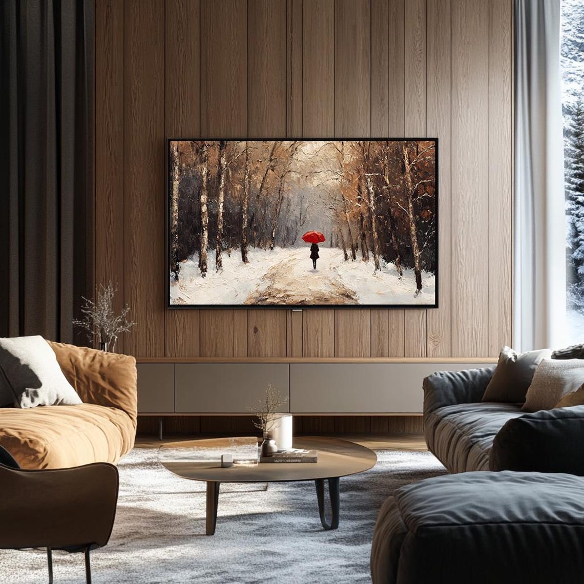 Woman with Red Umbrella Walking a Snowy Birch Forest Path Poster - Image 3