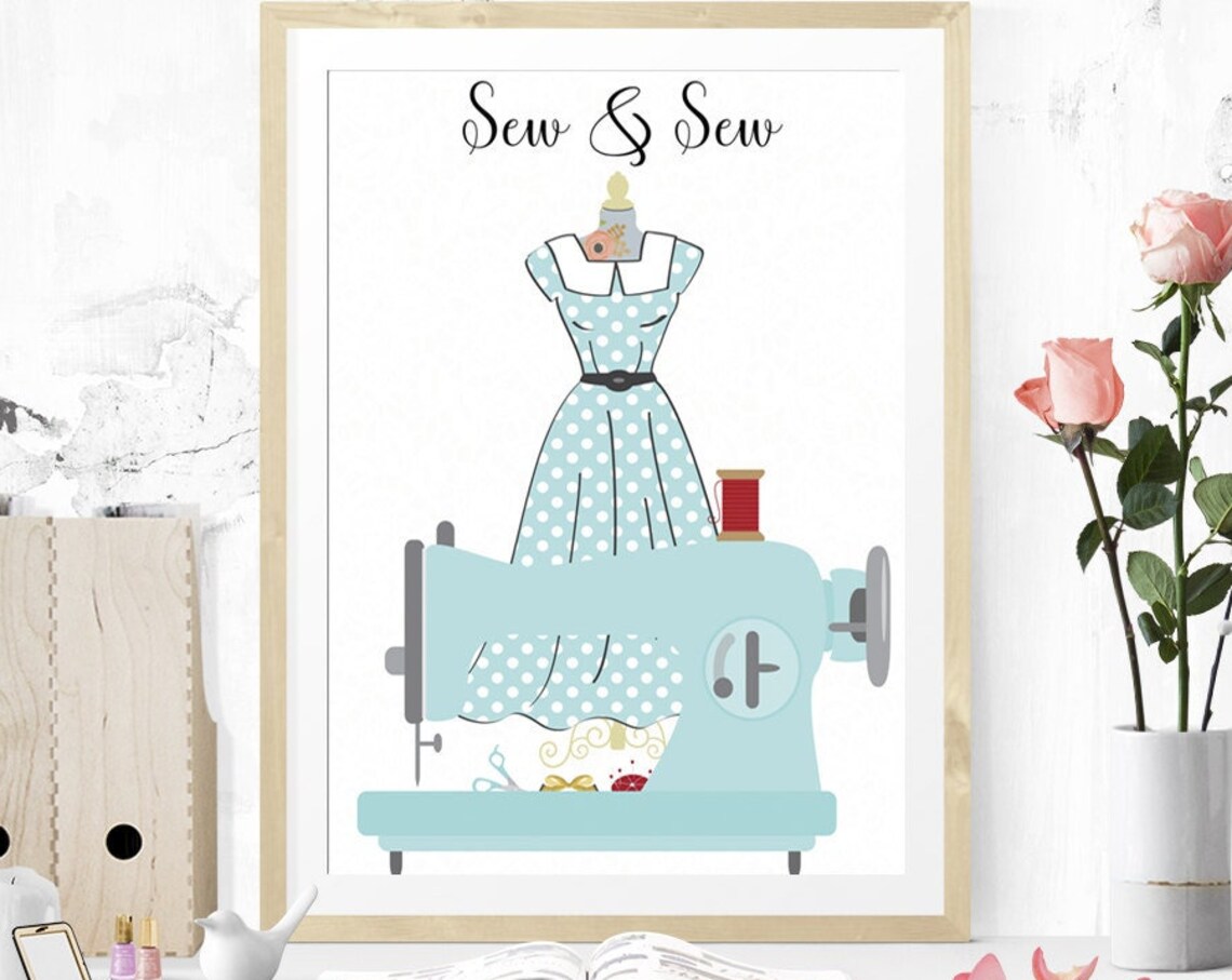 Vintage Sewing Machine Polka Dot Dress Form Craft Room Art Poster
