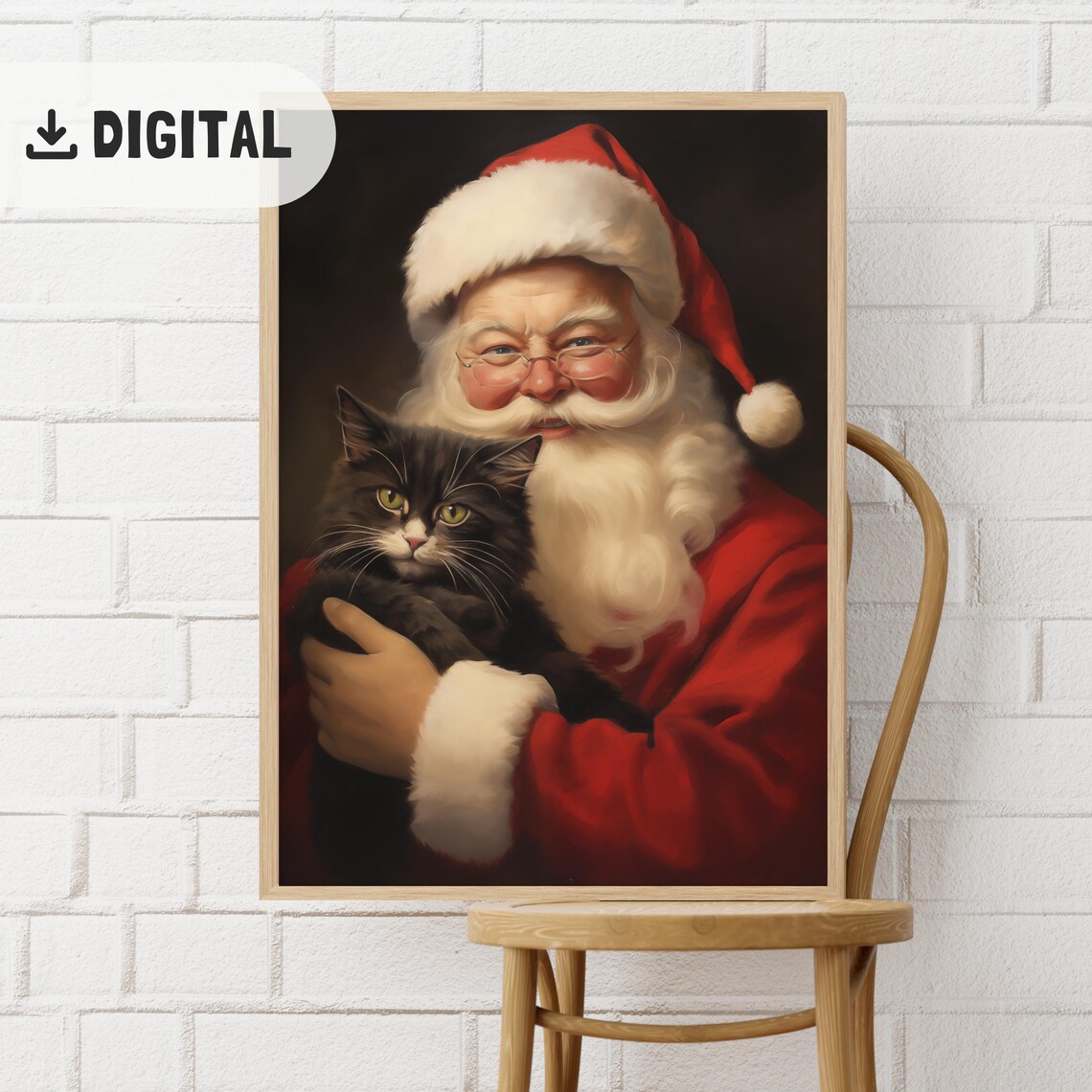 Santa Claus Holding Grey Fluffy Cat Ornate Vintage Christmas Poster - Image 2