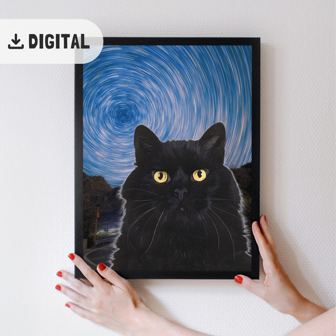 Black Cat with Yellow Eyes Under Starry Night Sky Trail Poster