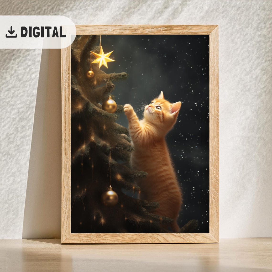 Ginger Kitten Reaching for Christmas Tree Star Holiday Poster