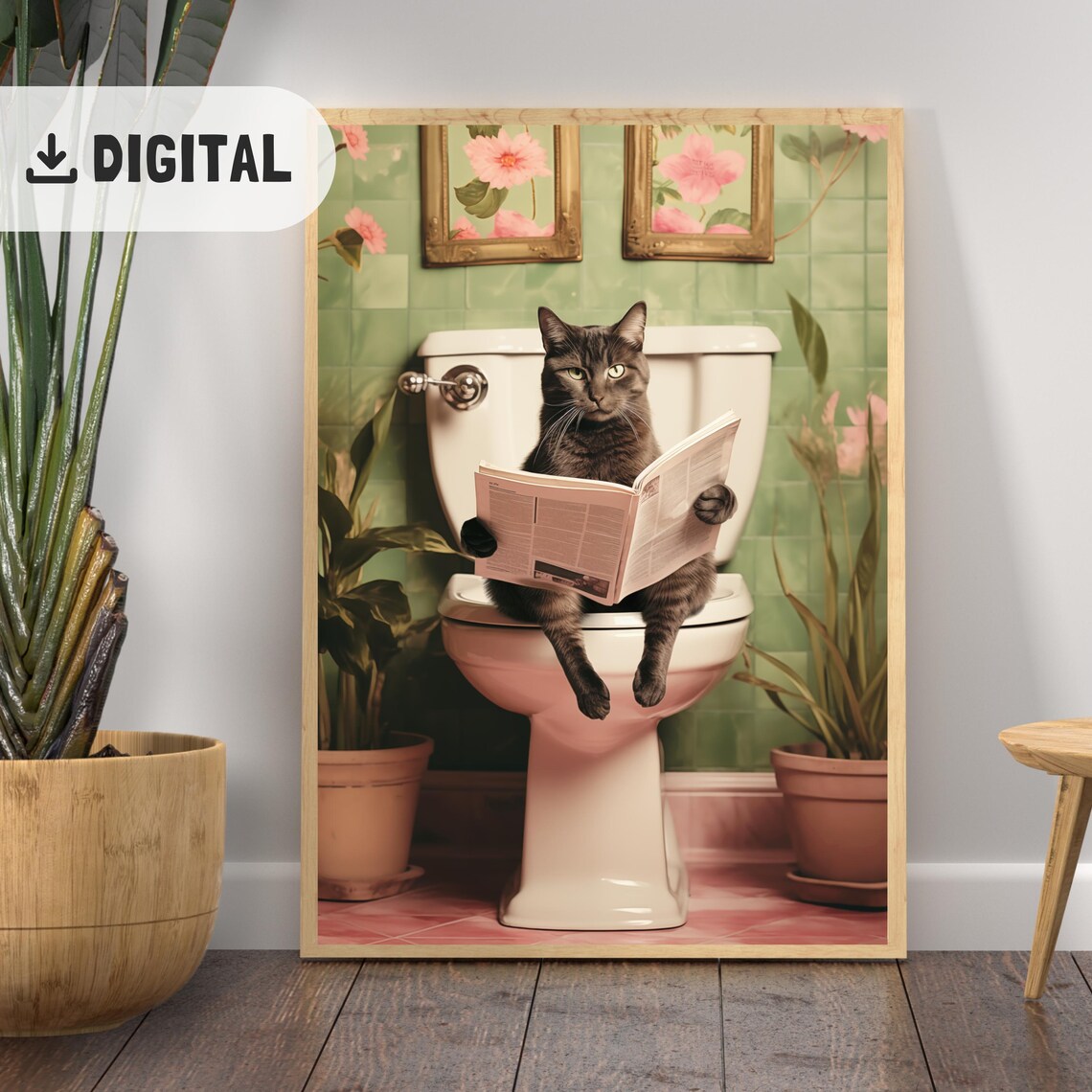 Grey Cat Reading Newspaper On Toilet Vintage Green Tile Bathroom Poster - Image 2