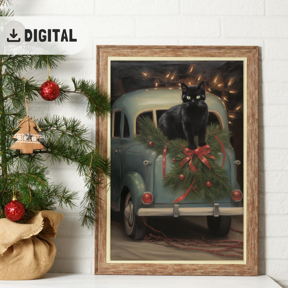 Black Cat Vintage Blue Car Christmas Wreath Classic Poster Gift - Image 2