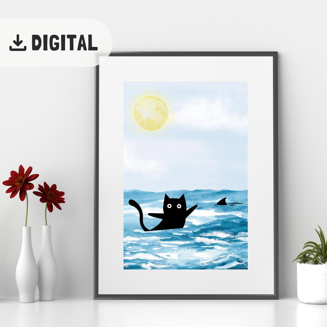 Black Cat Swimming in Ocean with Shark Fin Watercolor Art Poster