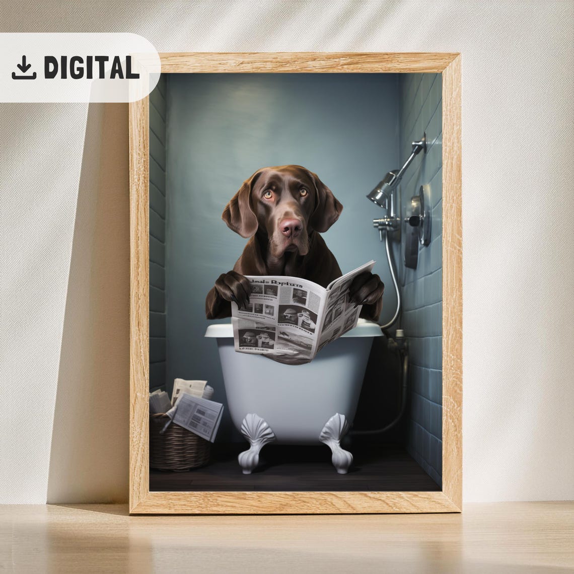 Chocolate Labrador Reading Newspaper in Bathtub Funny Dog Poster - Image 2