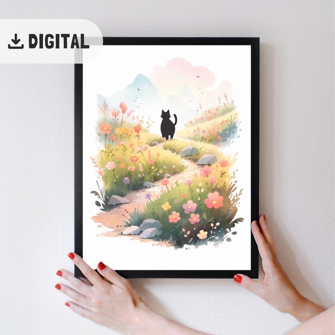 Black Cat Walking a Wildflower Path Watercolor Vignette Poster - Image 2