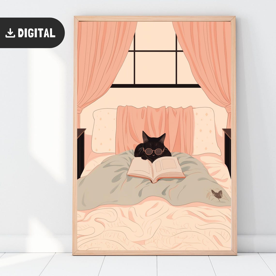 Black Cat With Glasses Reading A Book In Cozy Bed Poster Gift