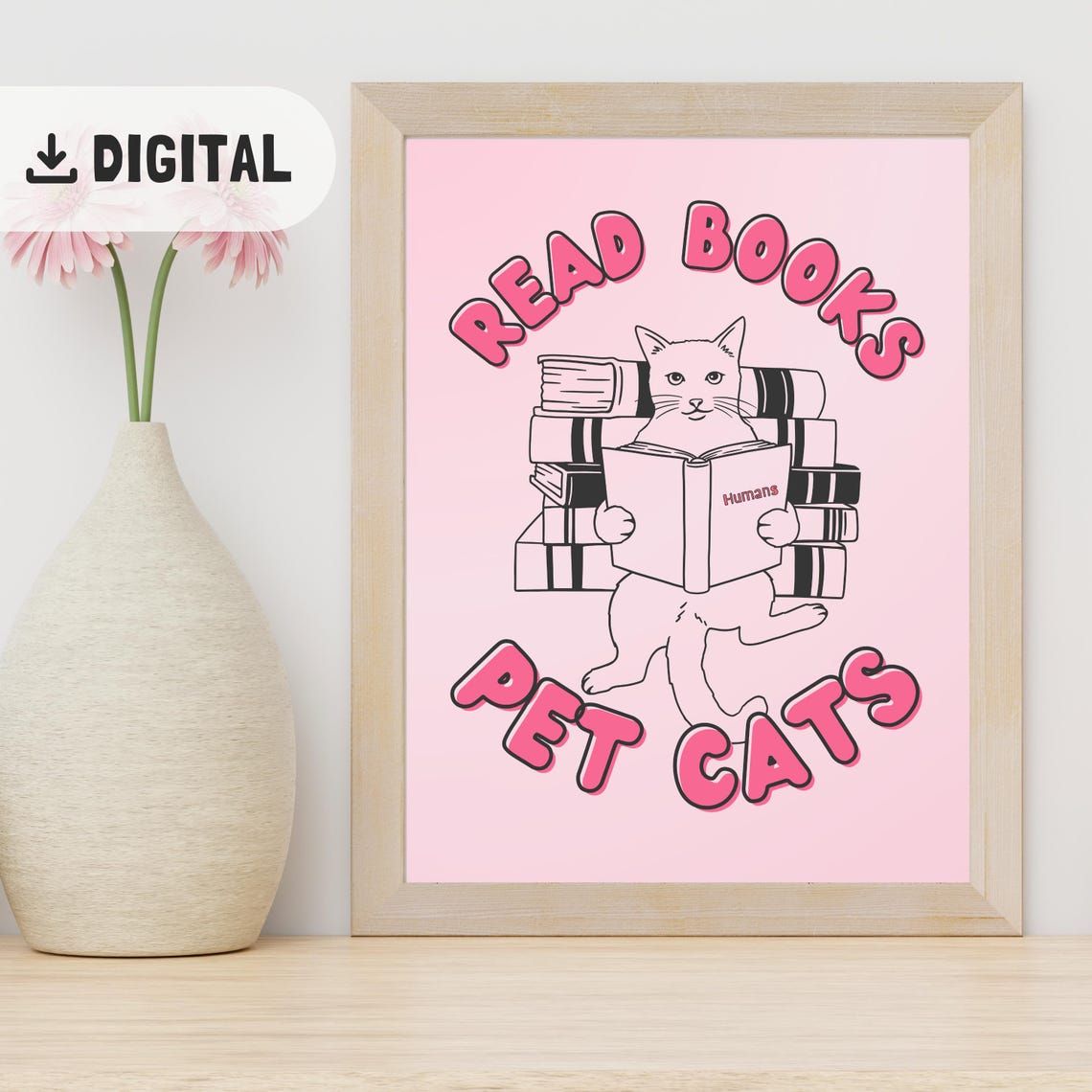 Read Books Pet Cats Pink Bubble Letters Funny Cat Reading Poster - Image 2