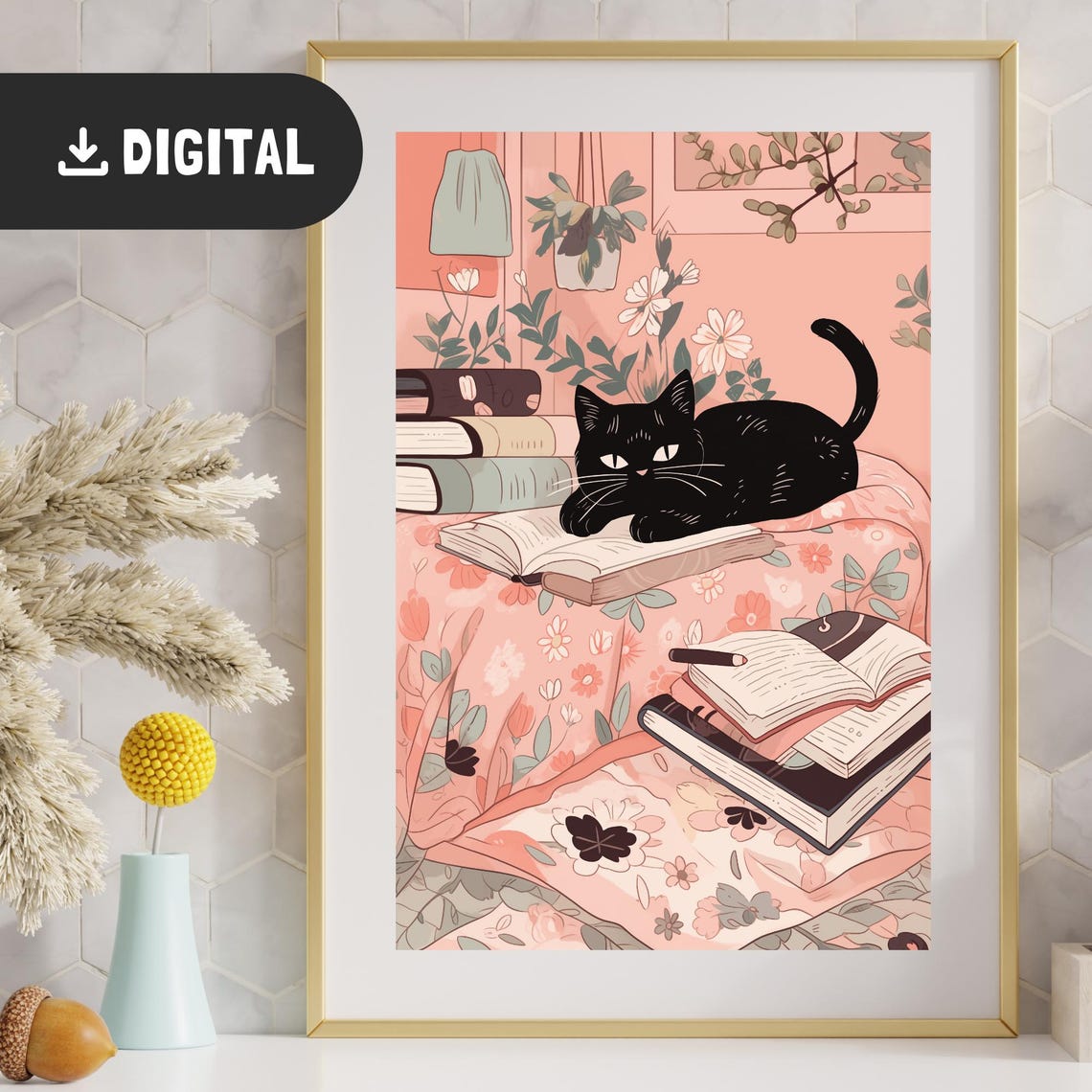 Black Cat With Books Cozy Reading Nook Floral Book Lover Cat Wall Art - Image 3