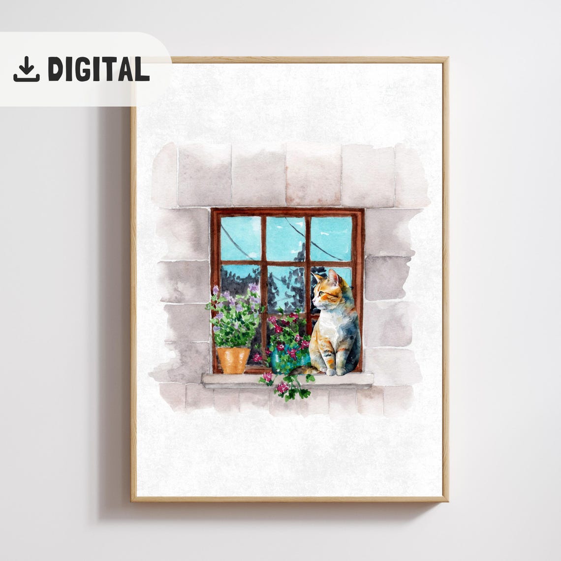 Cat Sitting in Stone Window Watercolor Flowers Peaceful Kitty Wall Art - Image 2