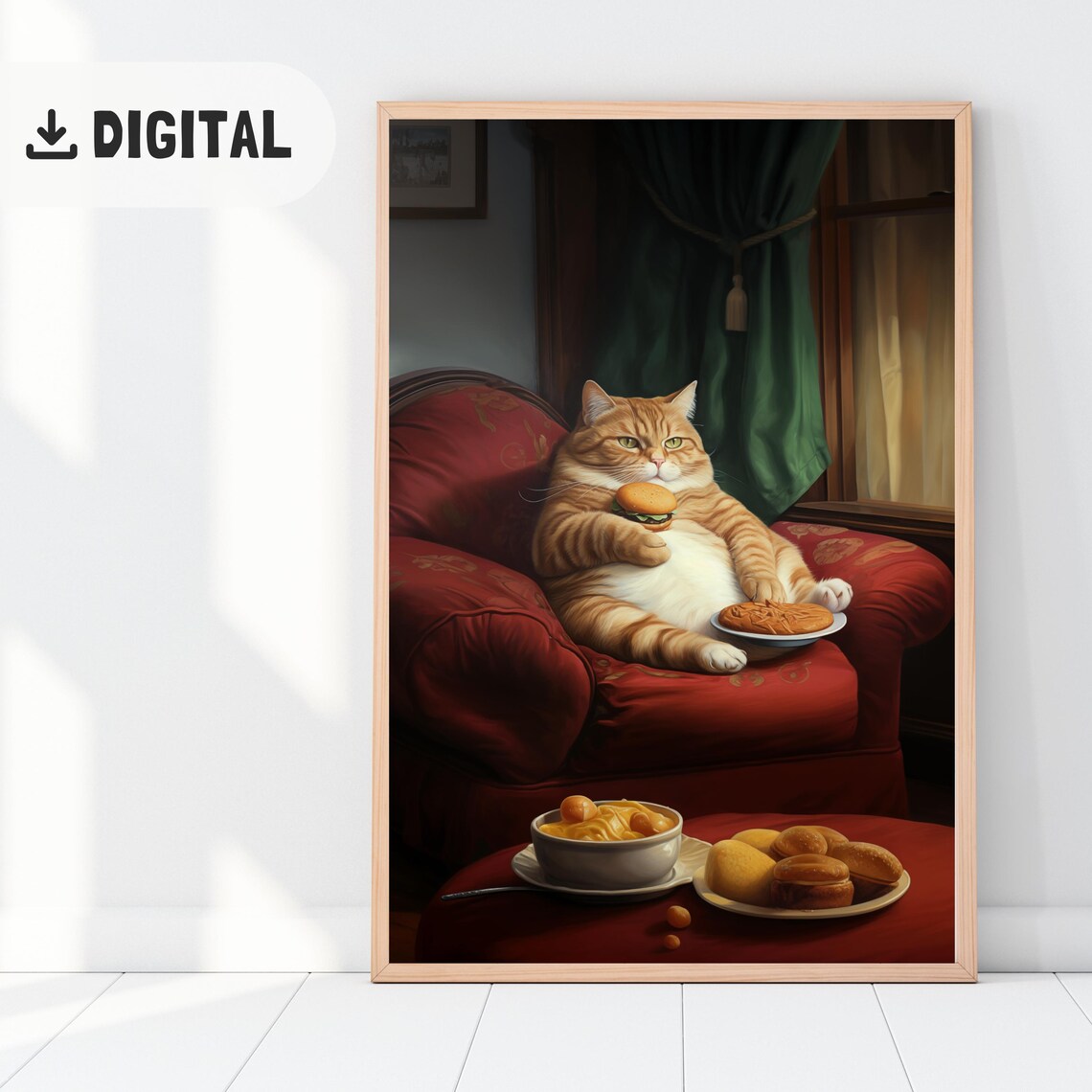 Orange Tabby Cat Eating Burger on Red Sofa Funny Foodie Poster - Image 2