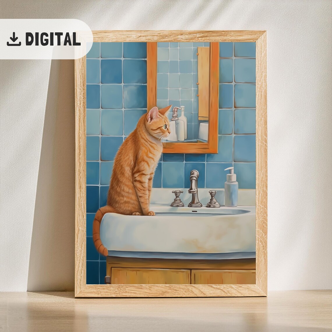 Trendy Bathroom Art Print Red Cat Sink Guest Bathroom Wall Decor Funny Cat Restroom Painting Toilet Humor Poster Wc Blue Wall Art Wash Paw