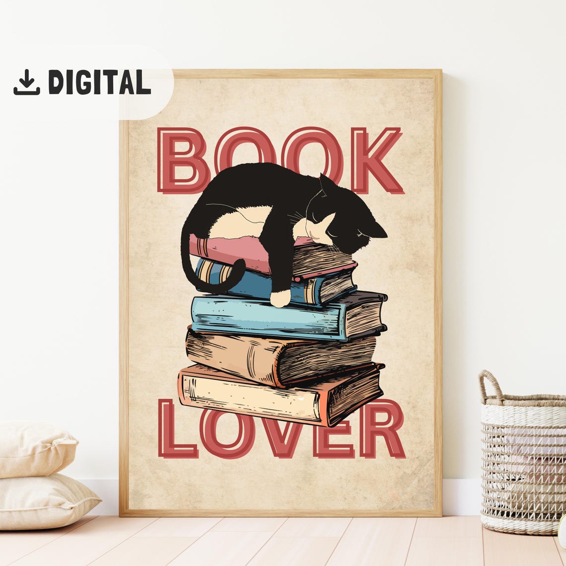 Vintage Book Lover Typographic Sleeping Cat On Book Stack Retro Poster - Image 2