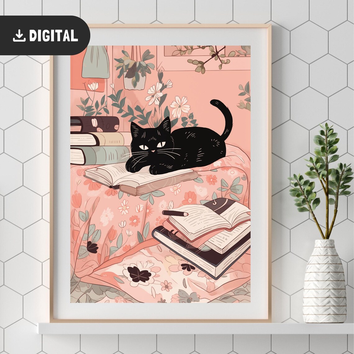 Black Cat With Books Cozy Reading Nook Floral Book Lover Cat Wall Art