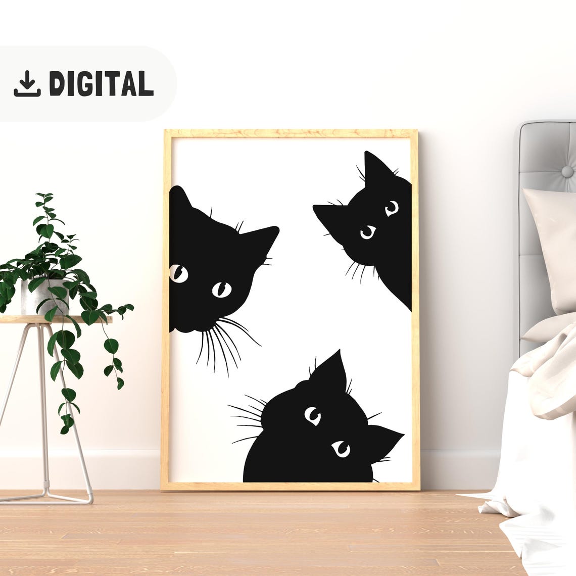 Three Black Cartoon Cat Faces Peeking from Edges Minimalist Poster - Image 2