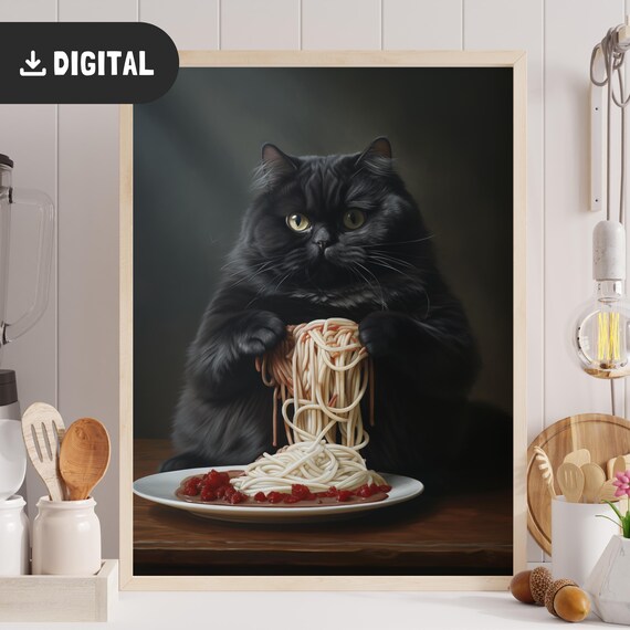 Chubby Black Cat Holding Spaghetti Meatballs Cute Poster Gift