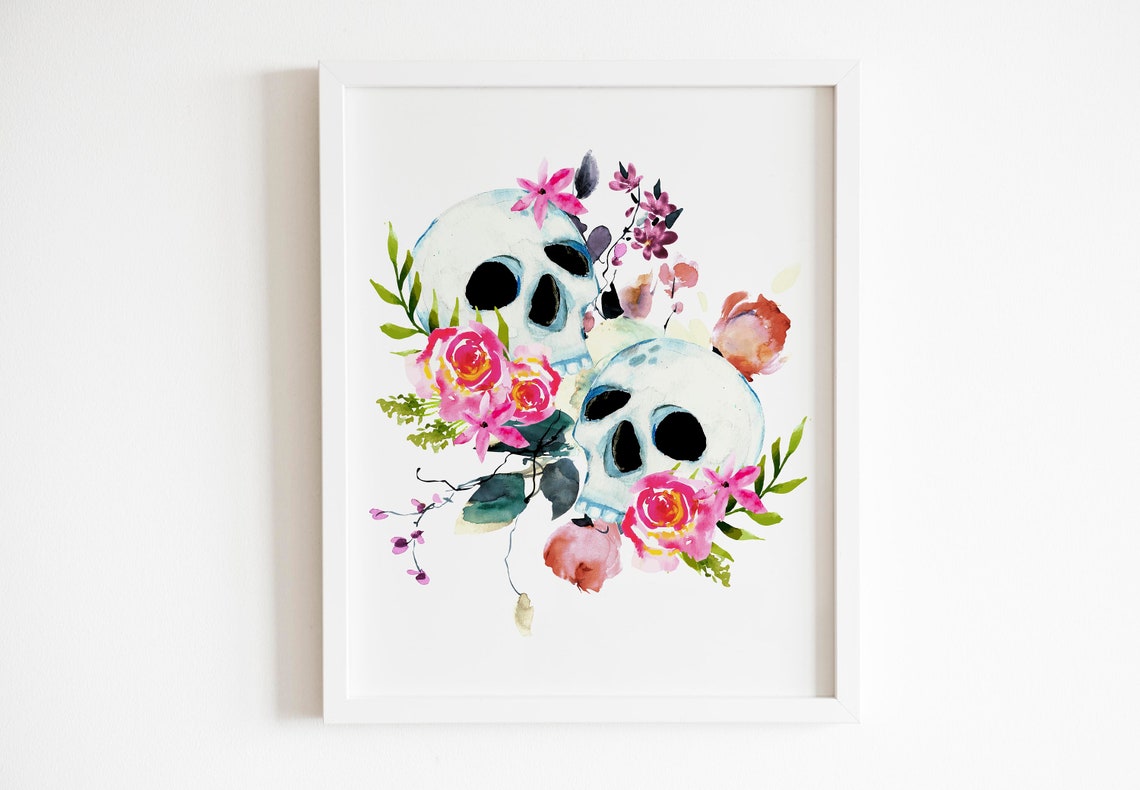 Watercolor Skull With Pink Flowers Subtle Halloween Floral Wall Art