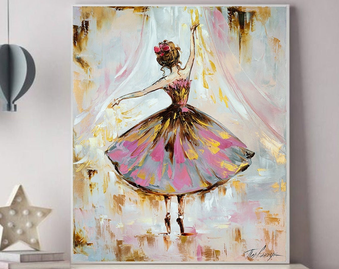Ballerina In Pink Gold Tutu Dancing Soft Abstract Nursery Wall Poster