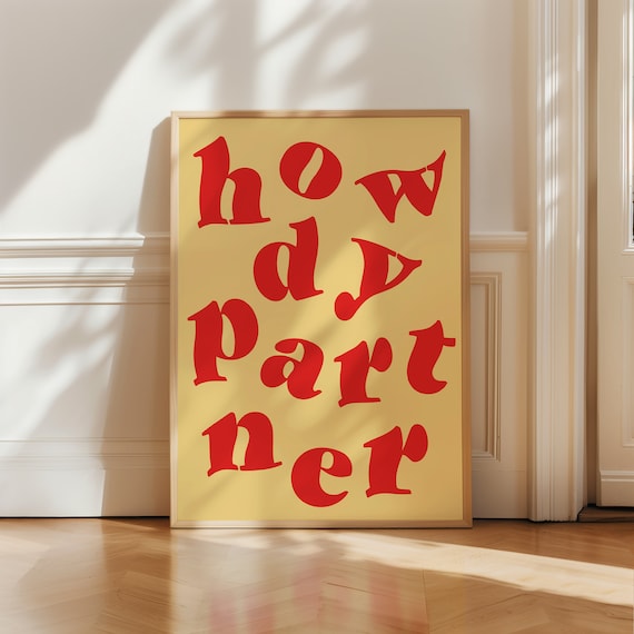 Howdy Partner Red On Yellow Western Typography Cowboy Wall Art