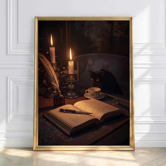 Black Cat Candlelight Art Print Witchy Dark Academia Decor