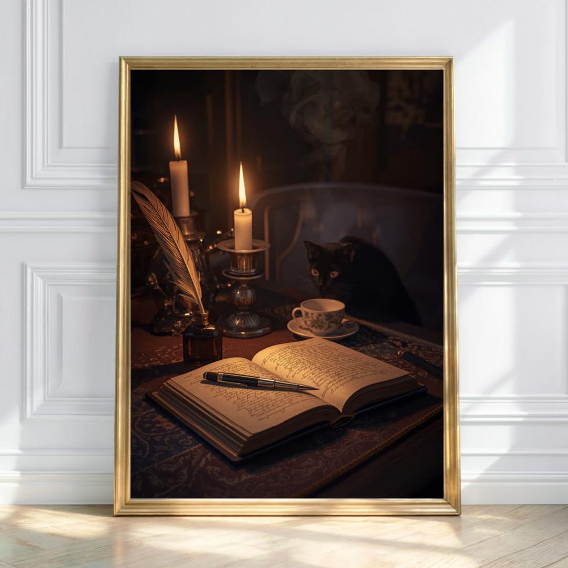 Black Cat Candlelight Art Print Witchy Dark Academia Decor