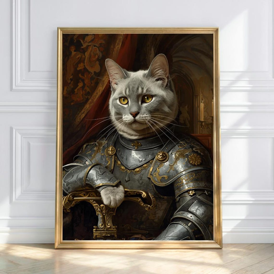 Knight Cat Portrait Medieval Armor Gothic Home Decor