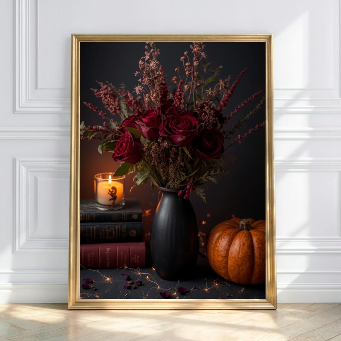 Gothic Floral Halloween Print Red Roses Candle Pumpkin