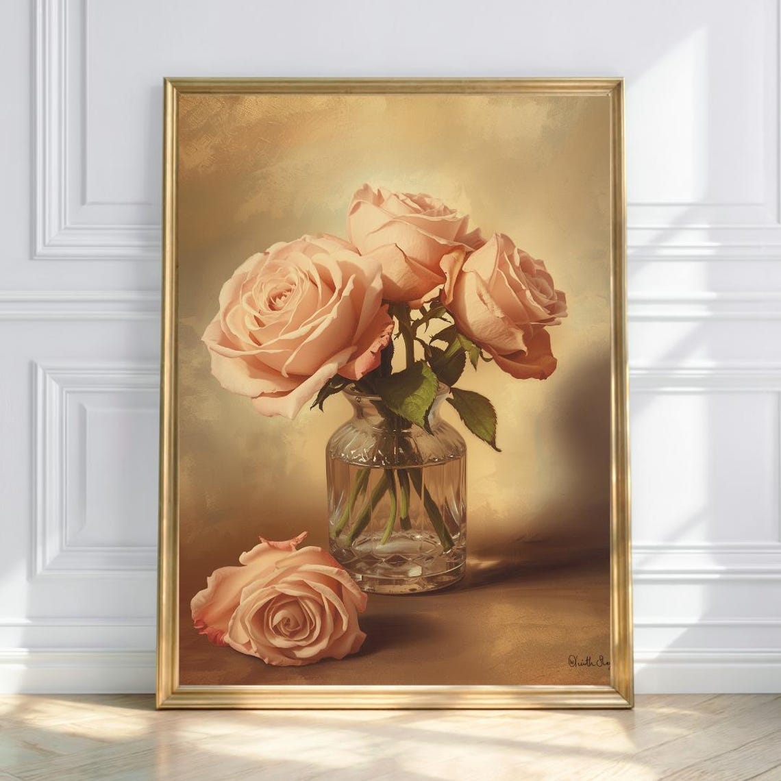 Blush Pink Roses in Crystal Glass Vase Classic Still Life Poster