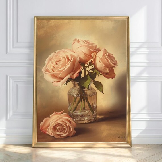 Blush Pink Roses in Crystal Glass Vase Classic Still Life Poster