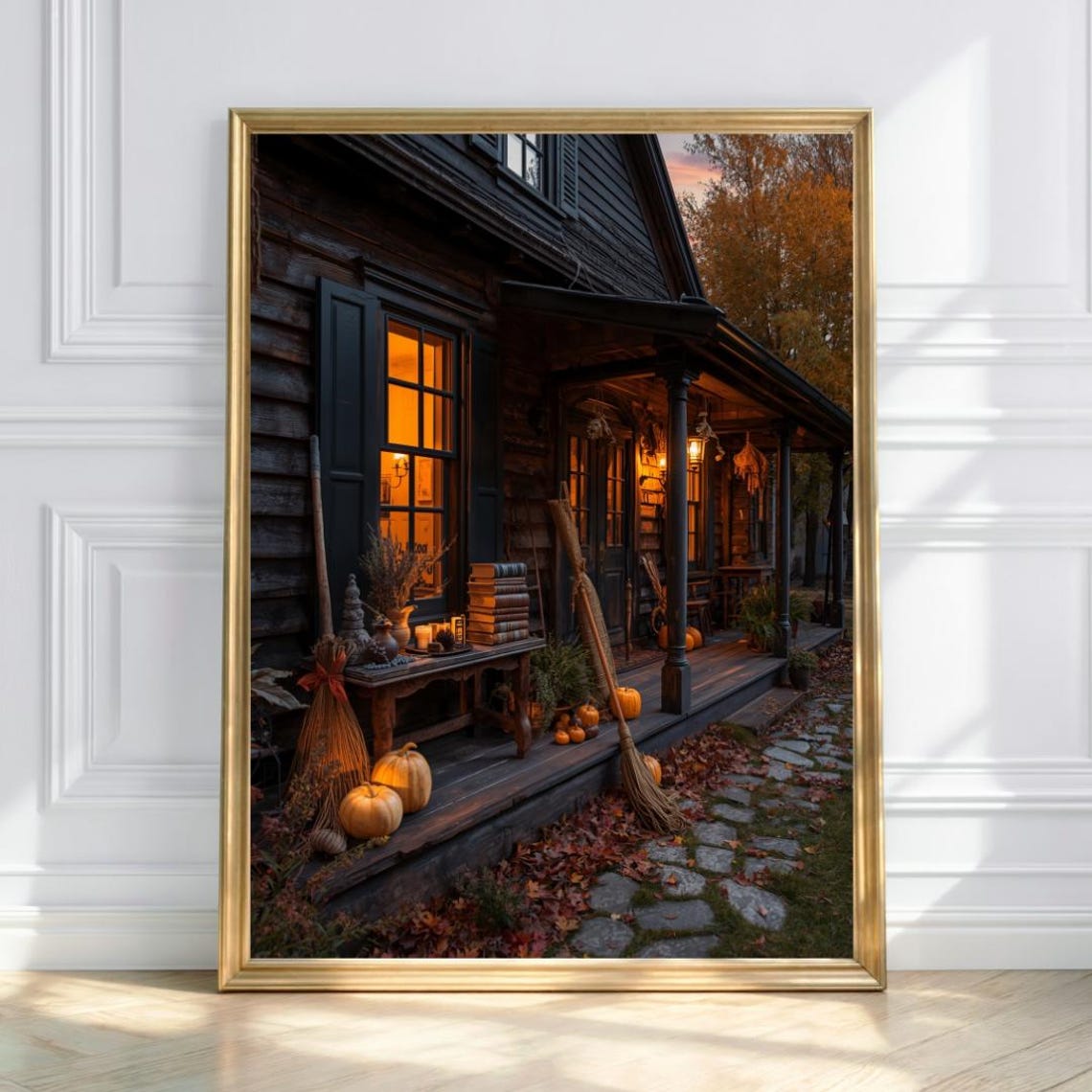 Cozy Witch Cabin Porch with Pumpkins Autumn Night Glow Poster