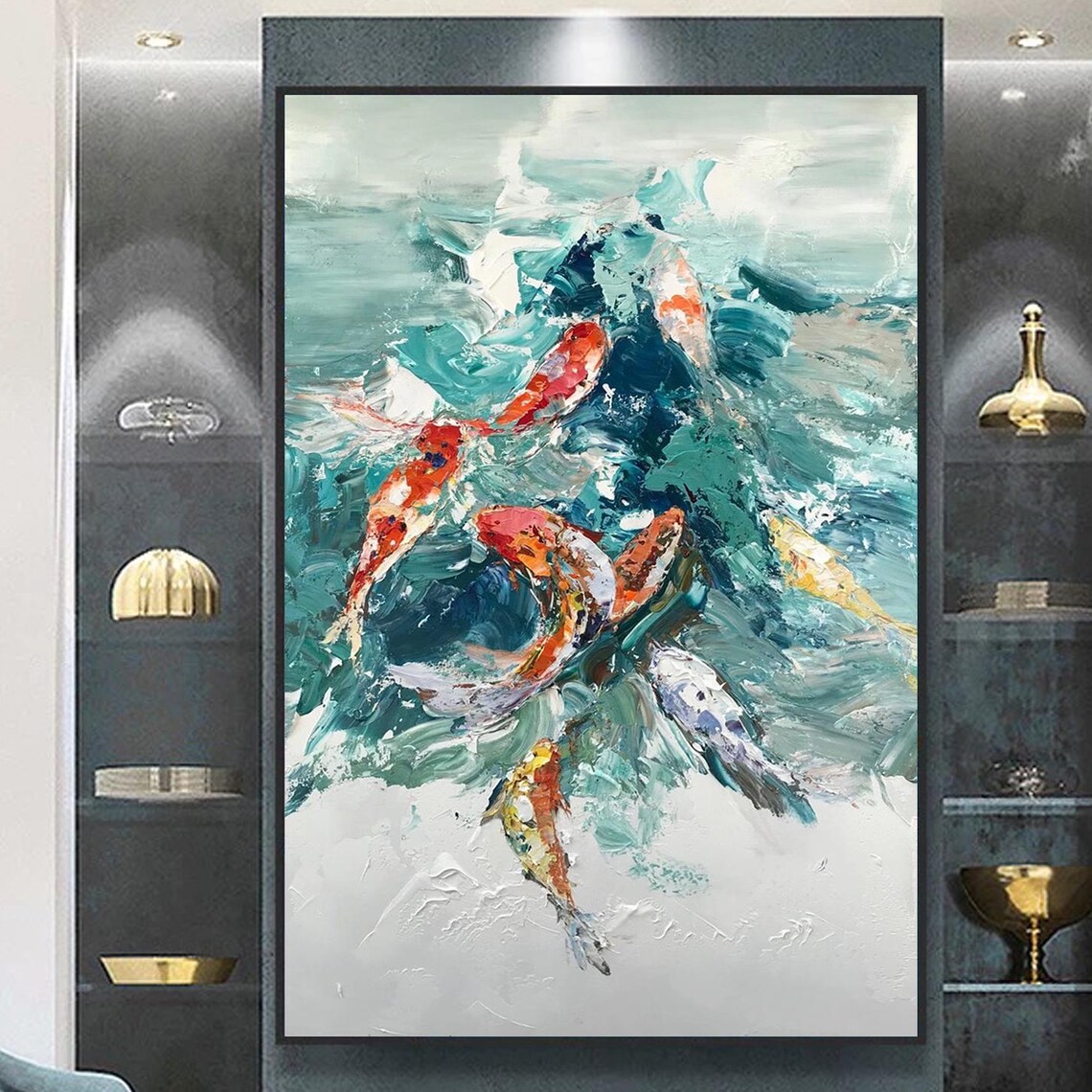 Koi Fish Textured Acrylic Painting, Zen Modern Artwork