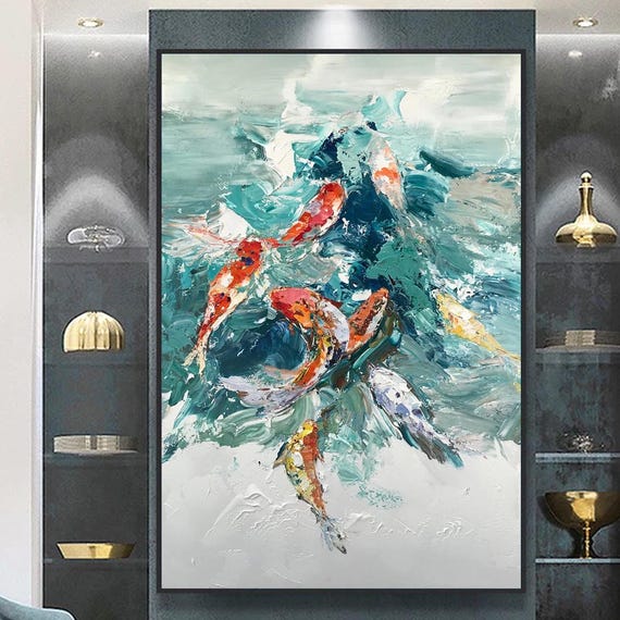 Koi Fish Textured Acrylic Painting, Zen Modern Artwork