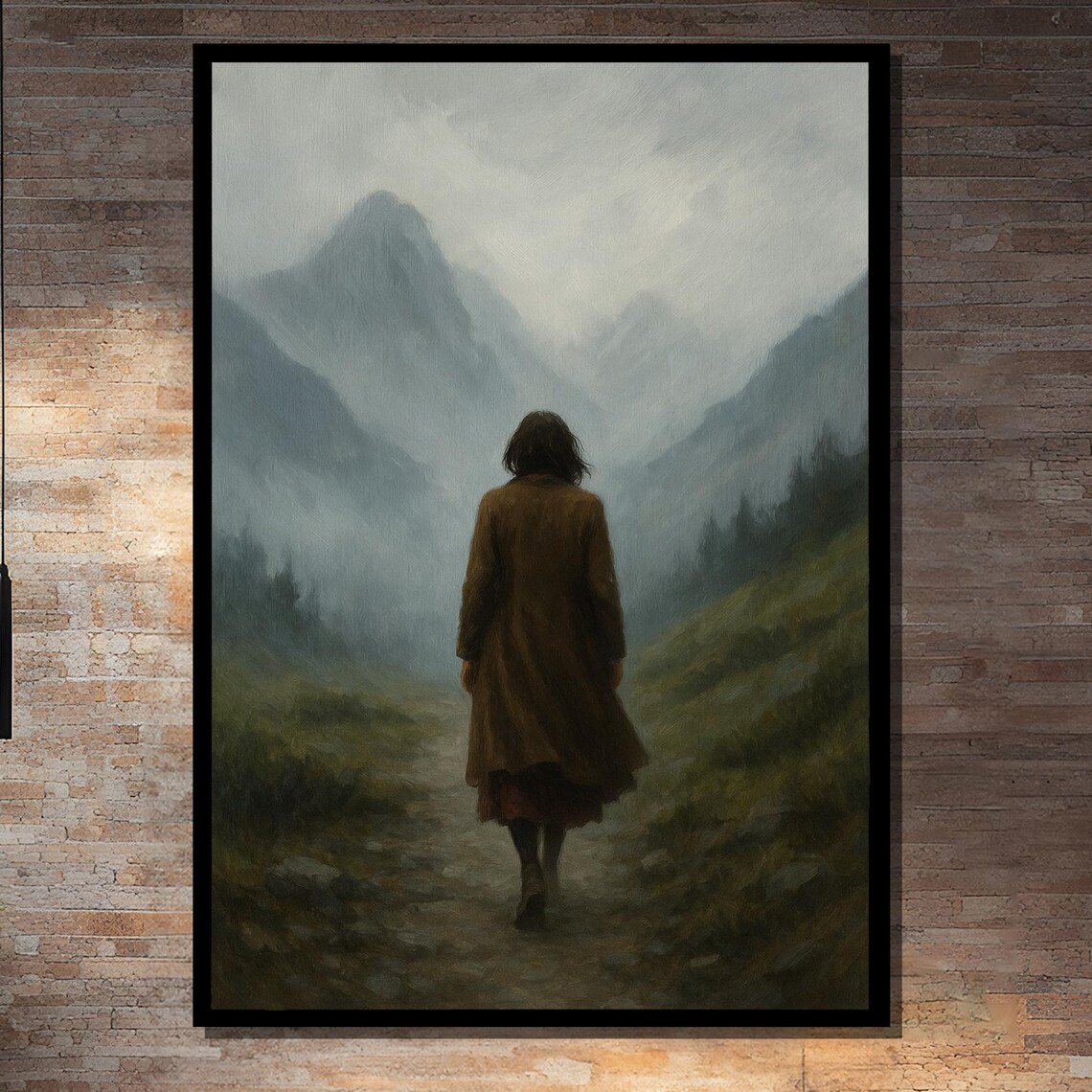 Woman Walking In Misty Mountains Art Print
