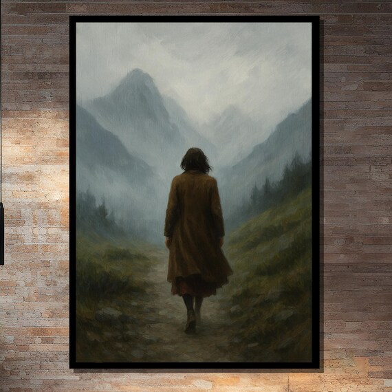Woman Walking In Misty Mountains Art Print