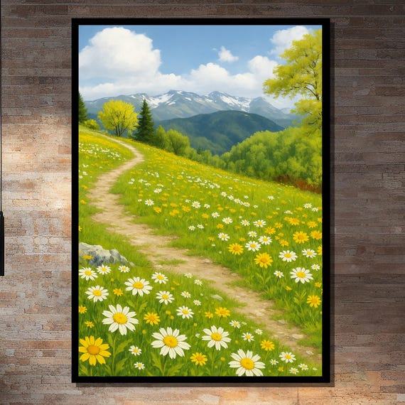 Daisy Meadow Path With Mountain View, Art Print