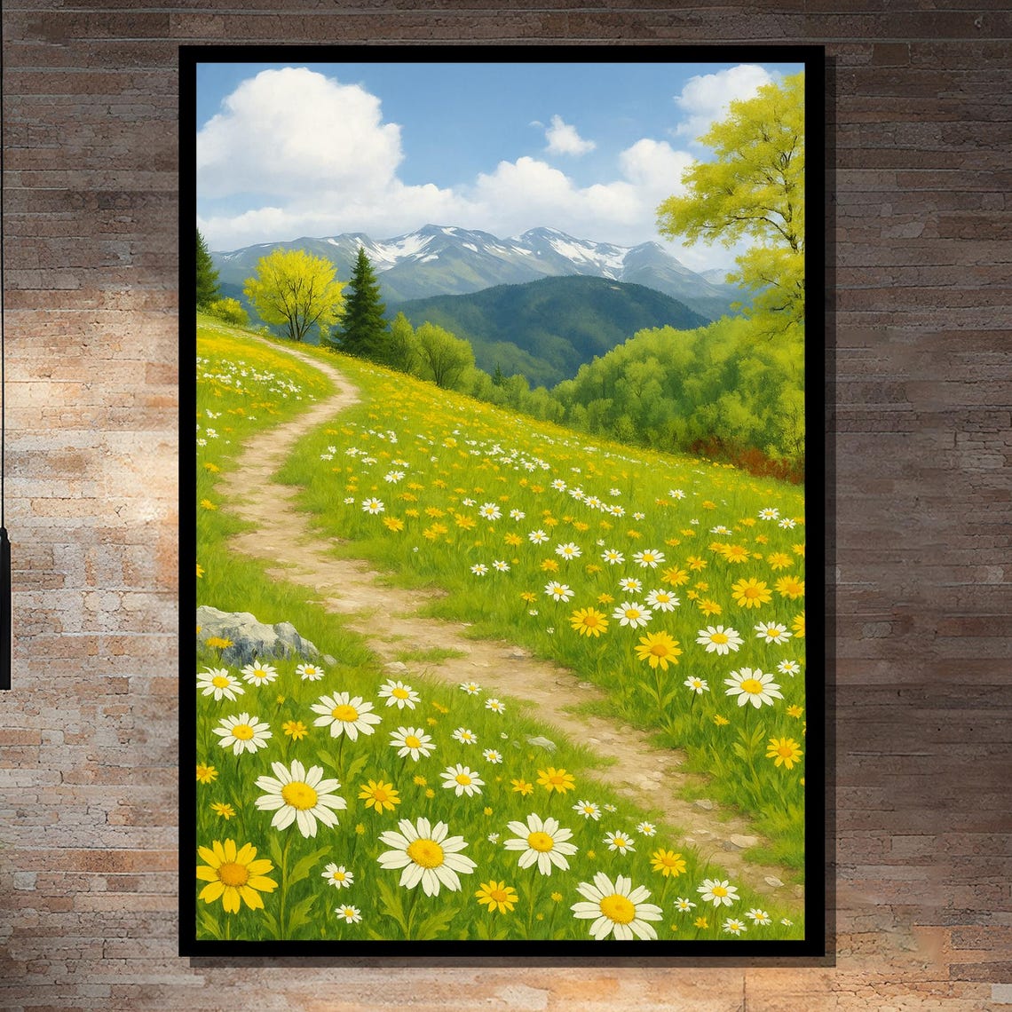 Daisy Meadow Path With Mountain View, Art Print