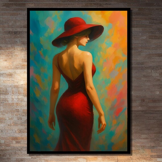 Elegant Woman in Red Dress and Wide Hat Vibrant Painting Art Poster