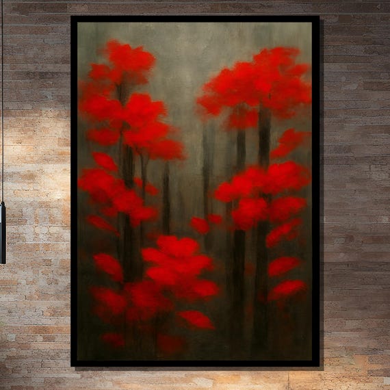 Misty Forest With Vibrant Red Trees Framed Or Unframed Art Print For Elegant Living Room Wall Decor